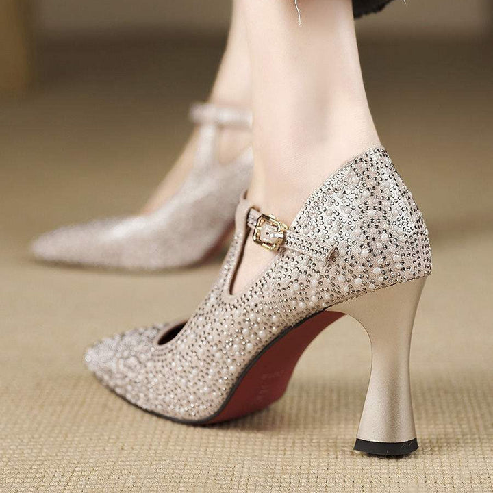 Women's Stilettos - Rhinestone Embellished T-Bar Strap with Pointed Toe and Flared Heel