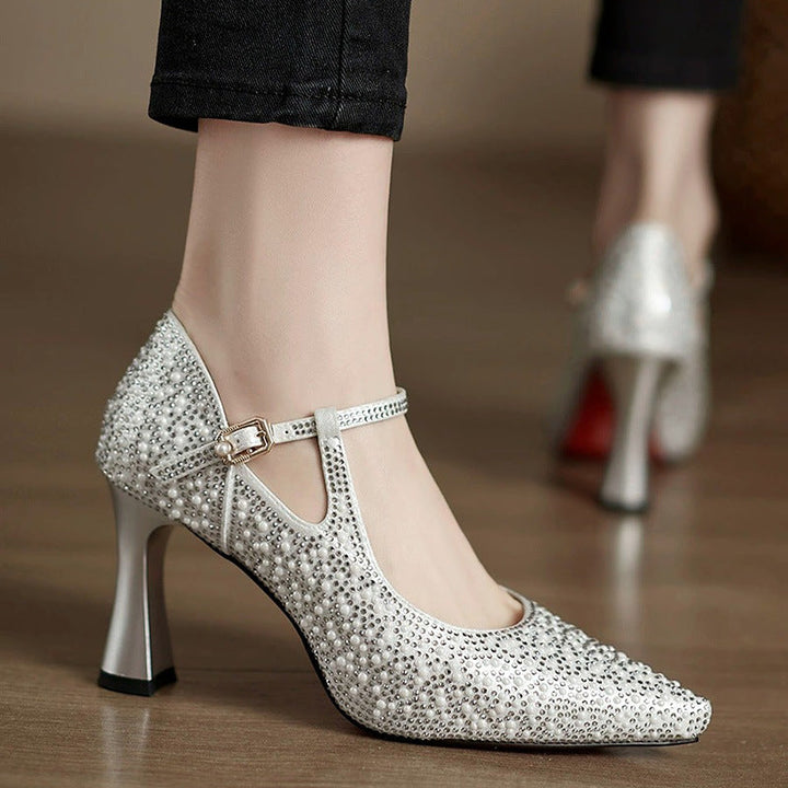 Women's Stilettos - Rhinestone Embellished T-Bar Strap with Pointed Toe and Flared Heel