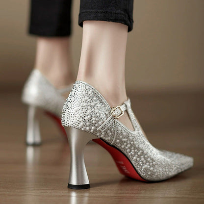 Women's Stilettos - Rhinestone Embellished T-Bar Strap with Pointed Toe and Flared Heel