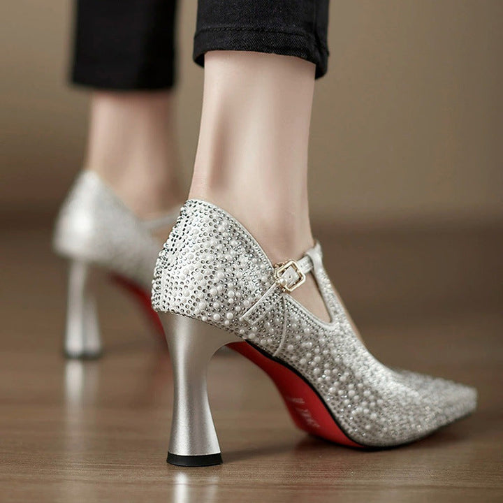 Women's Stilettos - Rhinestone Embellished T-Bar Strap with Pointed Toe and Flared Heel