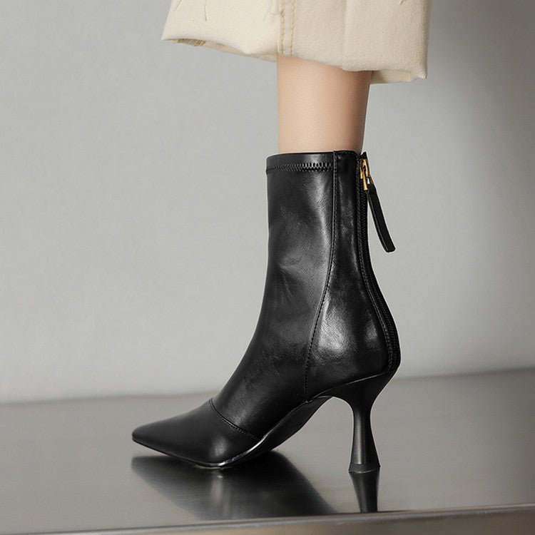 Women's Leather Ankle Boots - Pointed Toe Stiletto Heel with Back Zip and Panel Seam