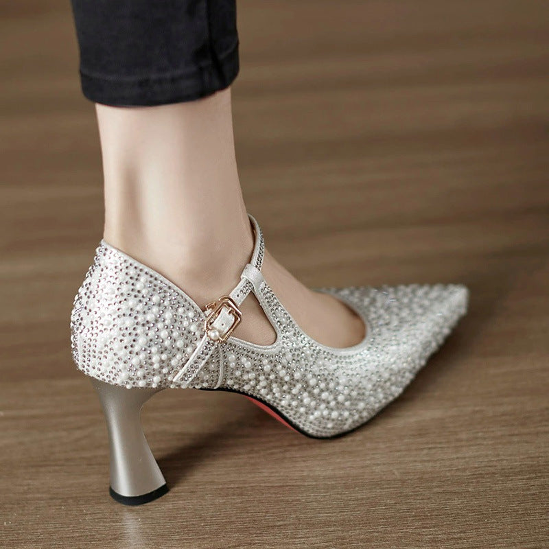 Women's Stilettos - Rhinestone Embellished T-Bar Strap with Pointed Toe and Flared Heel