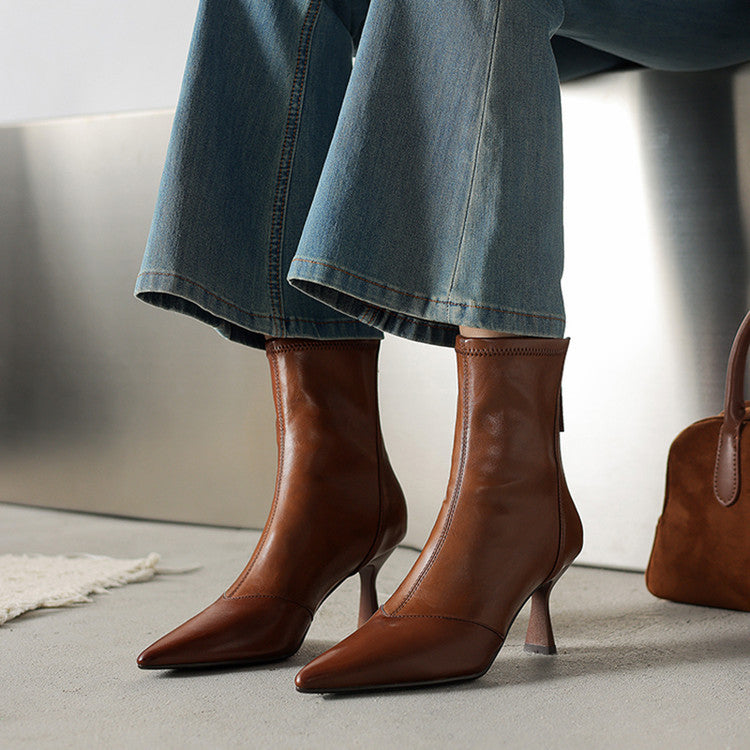 Women's Leather Ankle Boots - Pointed Toe Stiletto Heel with Back Zip and Panel Seam