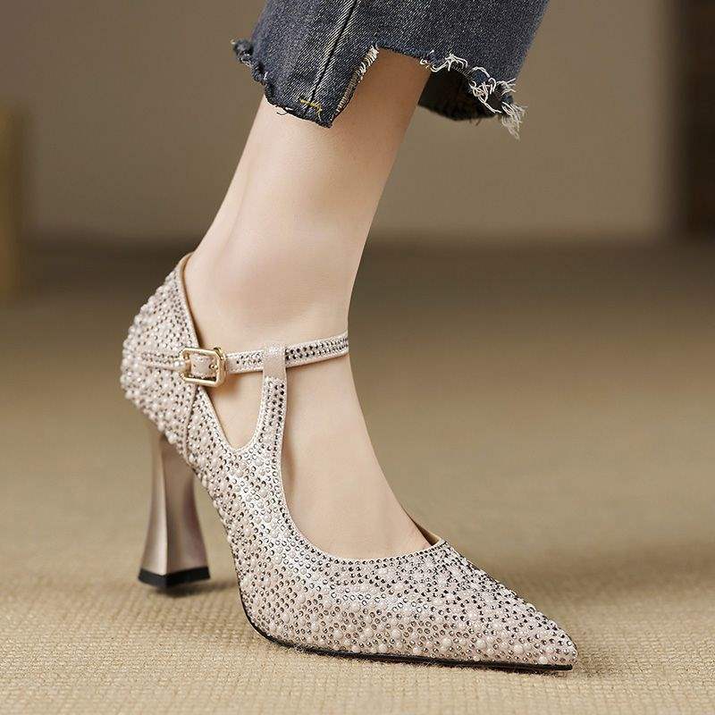 Women's Stilettos - Rhinestone Embellished T-Bar Strap with Pointed Toe and Flared Heel