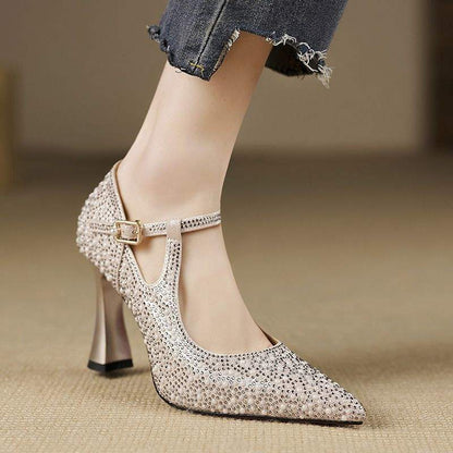 Women's Stilettos - Rhinestone Embellished T-Bar Strap with Pointed Toe and Flared Heel
