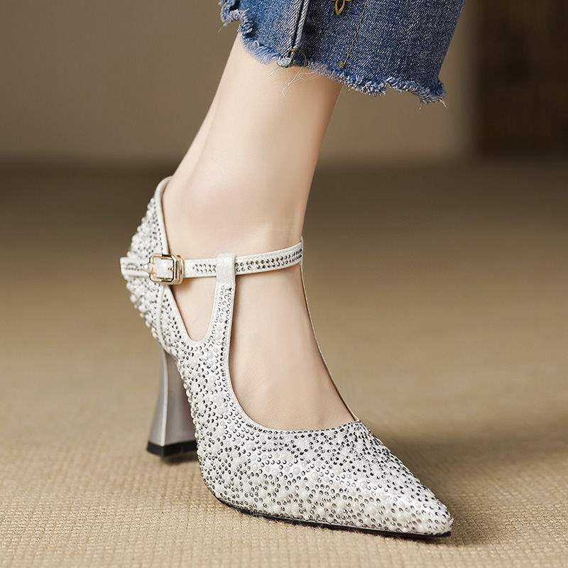 Women's Stilettos - Rhinestone Embellished T-Bar Strap with Pointed Toe and Flared Heel