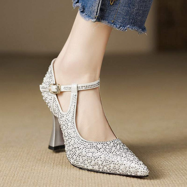 Women's Stilettos - Rhinestone Embellished T-Bar Strap with Pointed Toe and Flared Heel