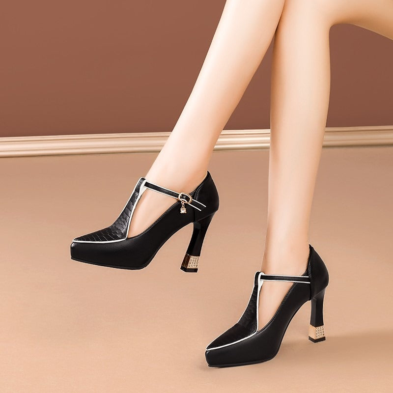 Women's Block Heels - T-Bar Strap with Pointed Toe - Rhinestone Heel and Crystal Charm