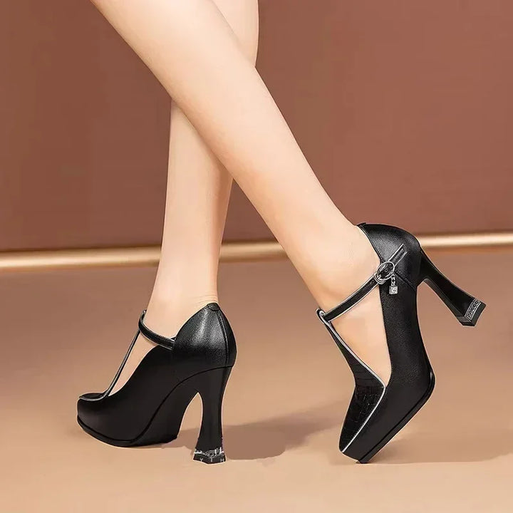 Women's Block Heels - T-Bar Strap with Pointed Toe - Rhinestone Heel and Crystal Charm