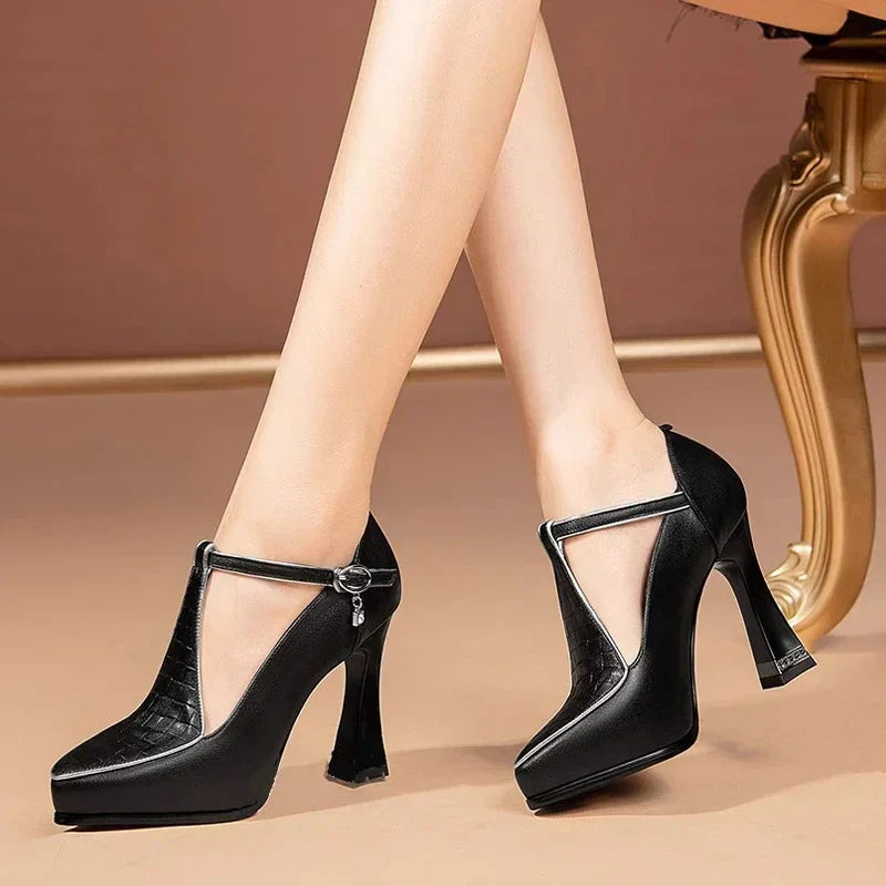 Women's Block Heels - T-Bar Strap with Pointed Toe - Rhinestone Heel and Crystal Charm