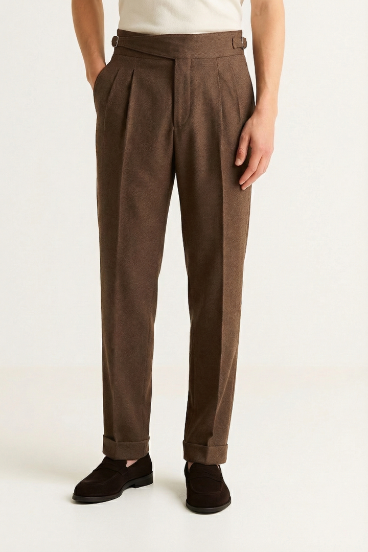 Men's Dress Pants - High Waist Pleated Tapered Cuffed Hem