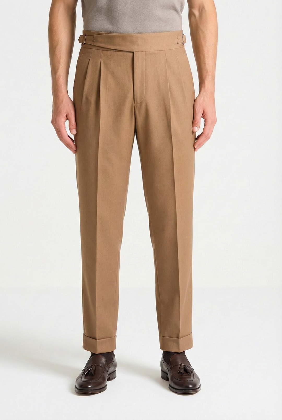 Men's Dress Pants - High Waist Pleated Tapered Cuffed Hem