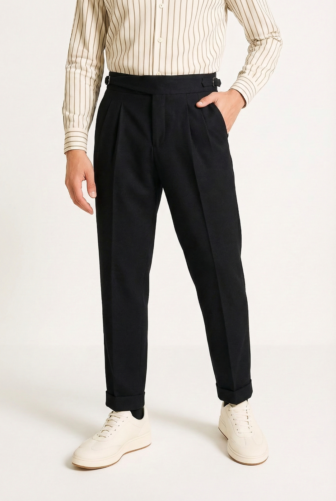 Men's Dress Pants - High Waist Pleated Tapered Cuffed Hem