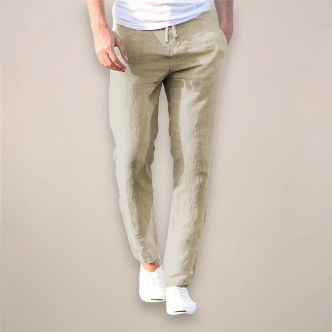 Men's Linen Pants - Elasticated Drawstring Waist Straight Leg
