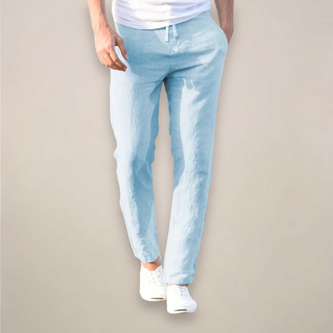 Men's Linen Pants - Elasticated Drawstring Waist Straight Leg