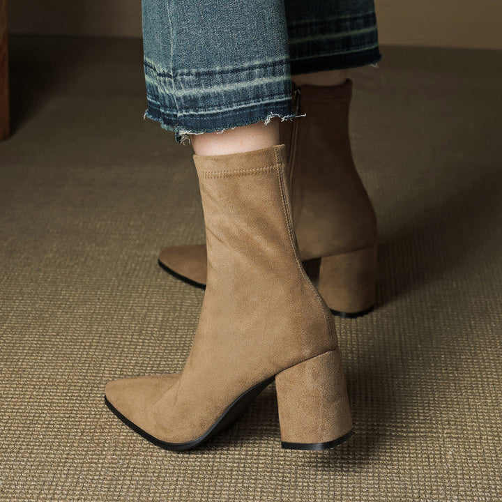 Women's Ankle Boots - Pointed Toe Block Heel Side Zip