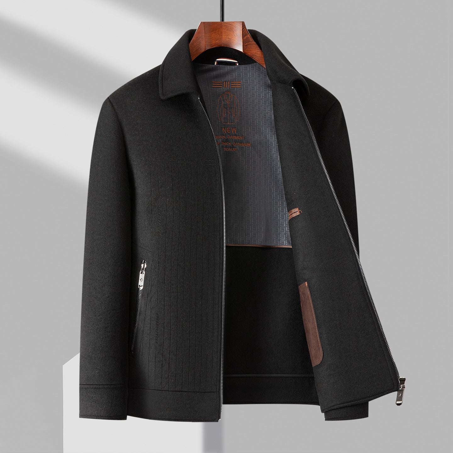 Men’s Pure Wool Tailored Zip-Front Jacket with Structured Collar