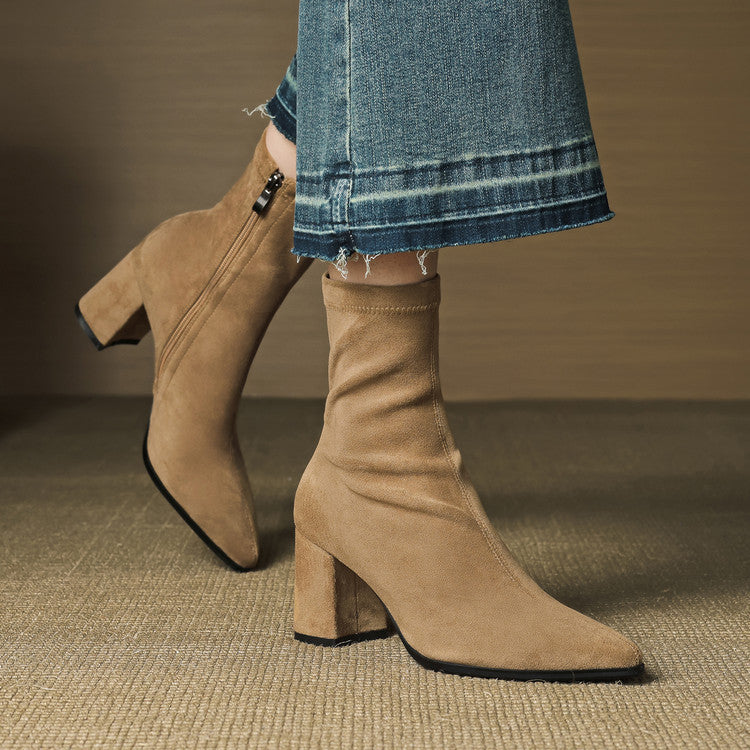 Women's Ankle Boots - Pointed Toe Block Heel Side Zip