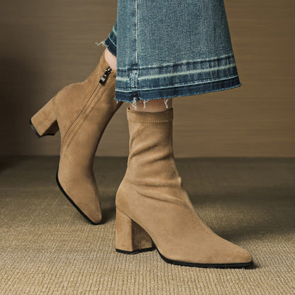 Women's Ankle Boots - Pointed Toe Block Heel Side Zip