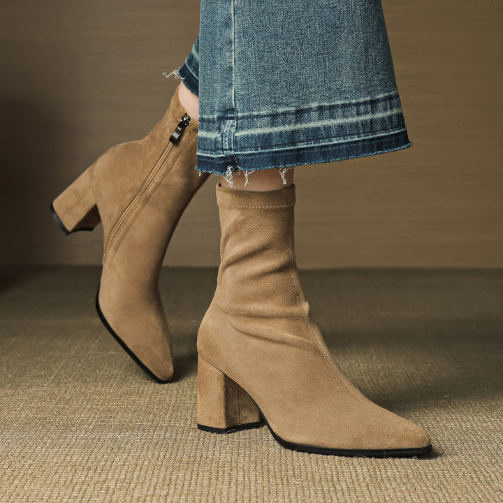 Women's Ankle Boots - Pointed Toe Block Heel Side Zip