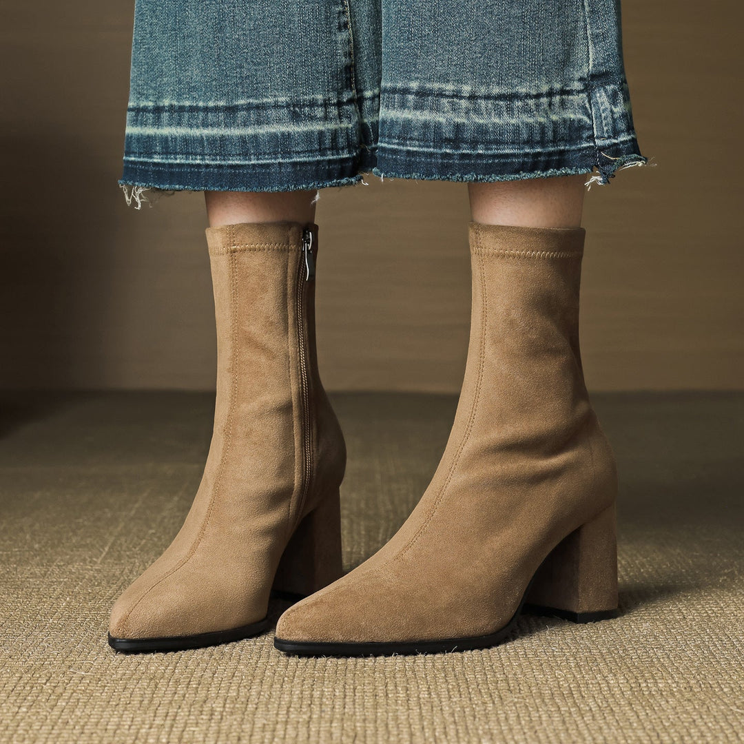 Women's Ankle Boots - Pointed Toe Block Heel Side Zip