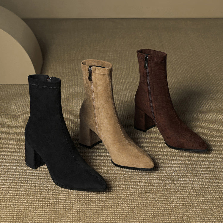 Women's Ankle Boots - Pointed Toe Block Heel Side Zip