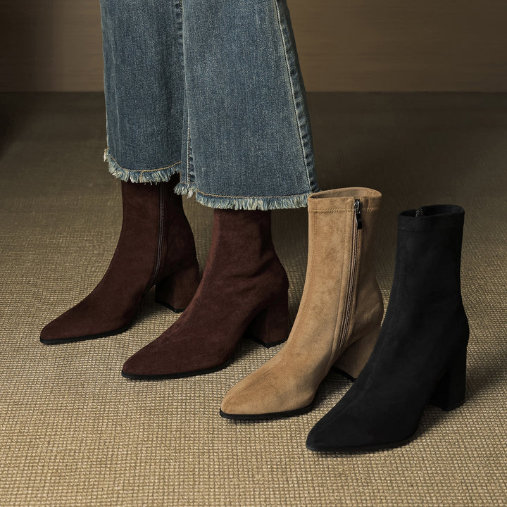 Women's Ankle Boots - Pointed Toe Block Heel Side Zip