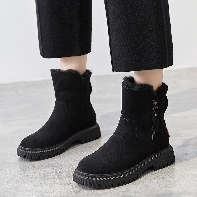 Women's Ankle Boots - Slip-On Platform Boot with Fleece Lining and Side Zip