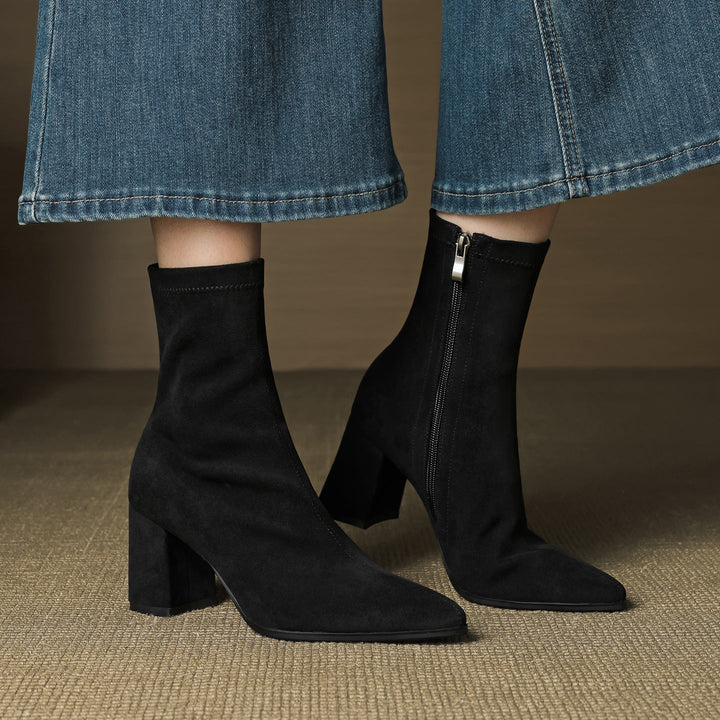 Women's Ankle Boots - Pointed Toe Block Heel Side Zip