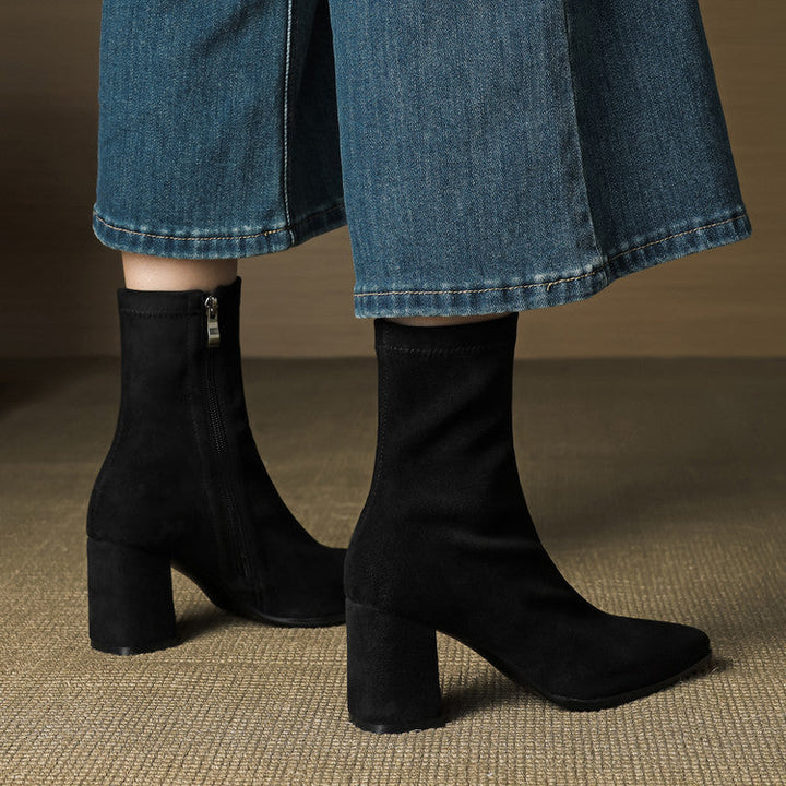 Women's Ankle Boots - Pointed Toe Block Heel Side Zip