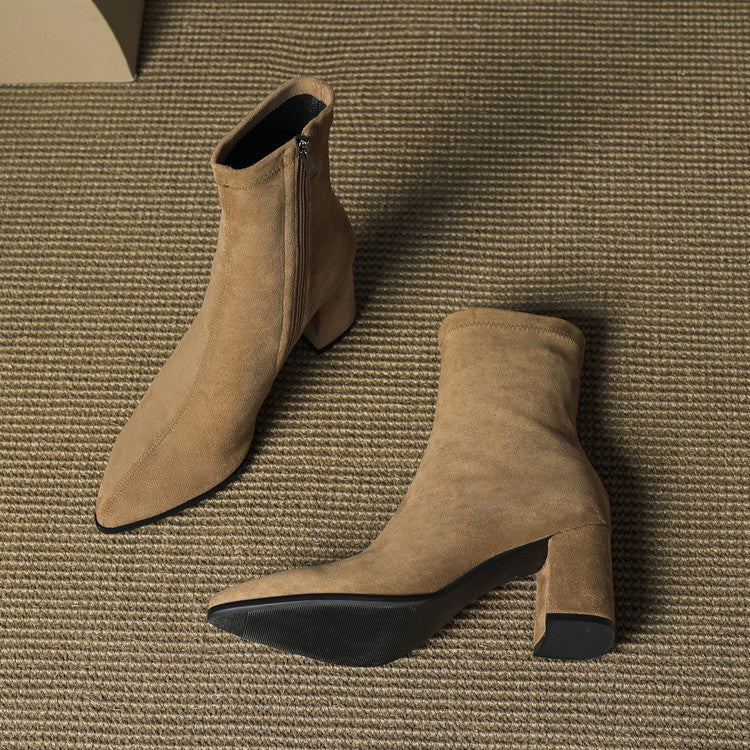 Women's Ankle Boots - Pointed Toe Block Heel Side Zip