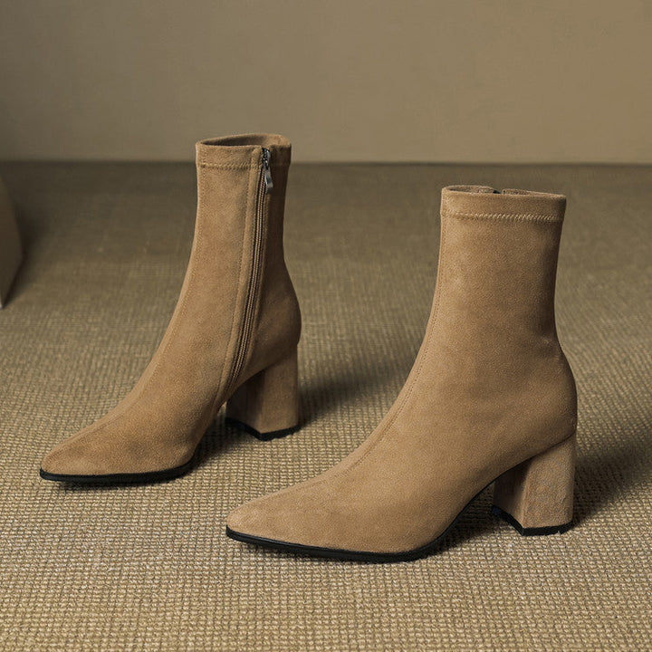 Women's Ankle Boots - Pointed Toe Block Heel Side Zip