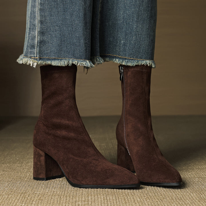 Women's Ankle Boots - Pointed Toe Block Heel Side Zip