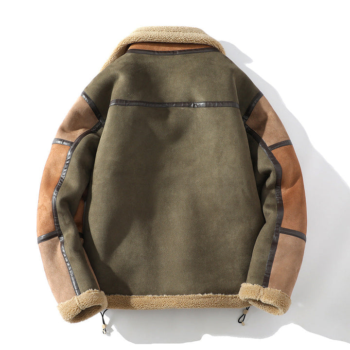 Men’s Shearling Jacket – Relaxed Fit Color Block Zip Front Coat with Patch Pockets