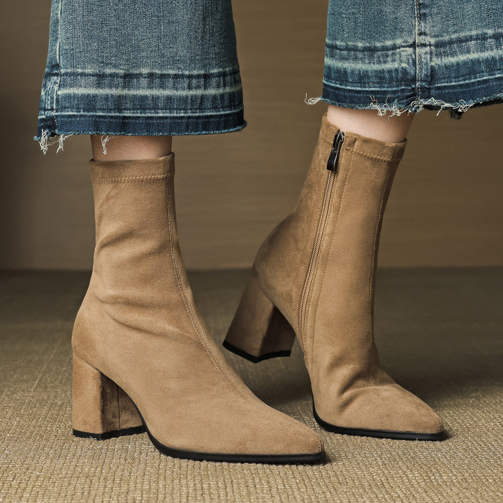 Women's Ankle Boots - Pointed Toe Block Heel Side Zip