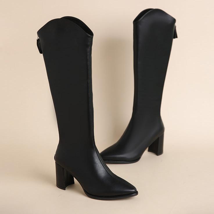 Women’s Pointed Toe Knee-High Boots – Block Heel Tall Silhouette