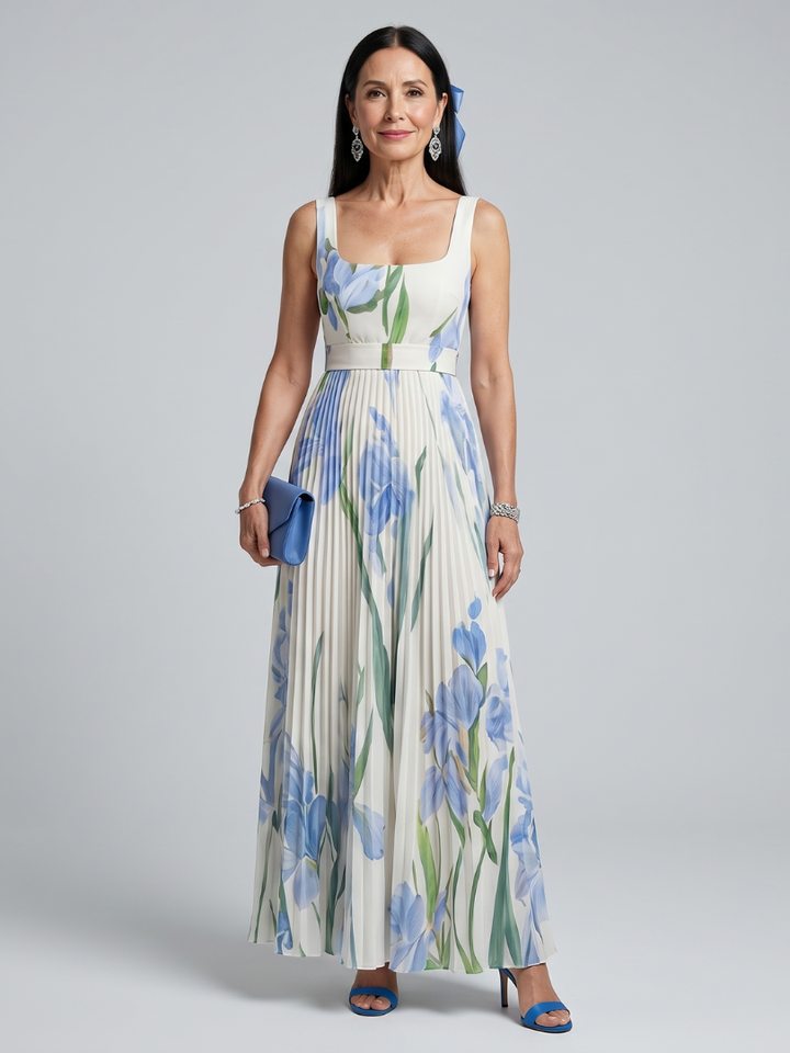 Ophelia | Floral Print Midi Dress with Sleeveless Square Neck