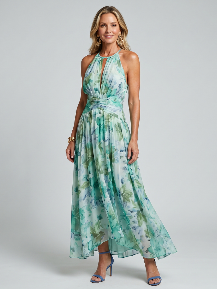 Portia | Floral Pleated Halter Midi Dress