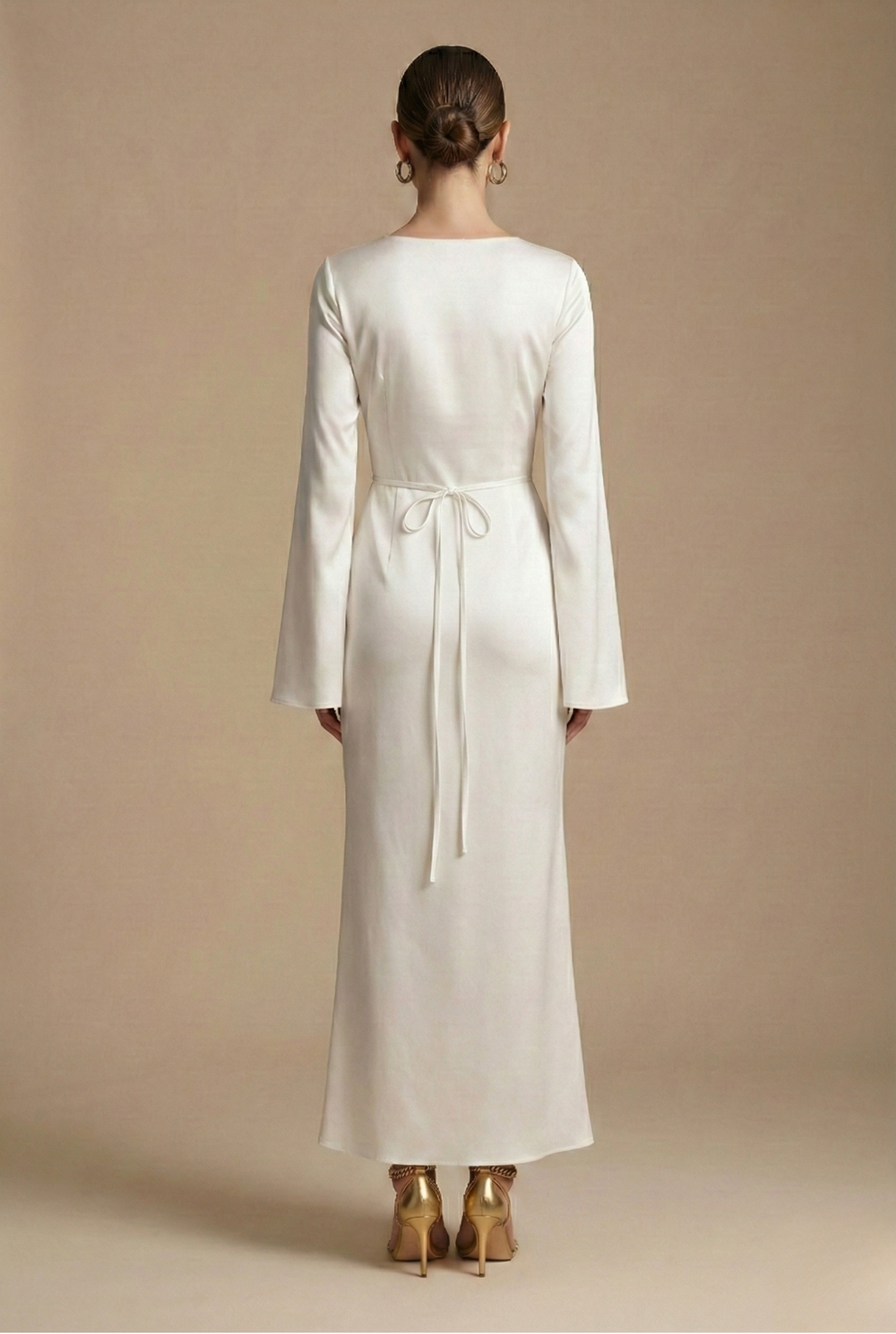 Women's Satin Maxi Dress - Long Flare Sleeve - Side Split