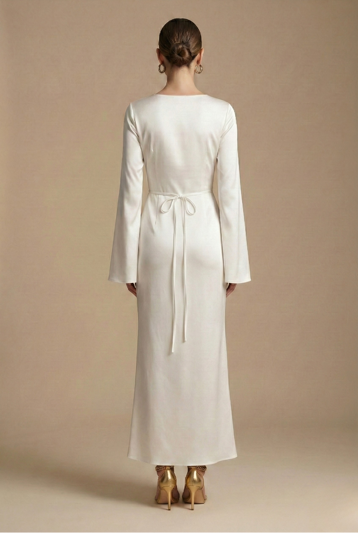 Women's Satin Maxi Dress - Long Flare Sleeve - Side Split