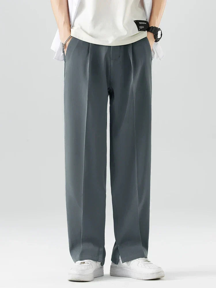 Men's Pleated Wide Leg Pants - Elasticated Waist Straight Cut