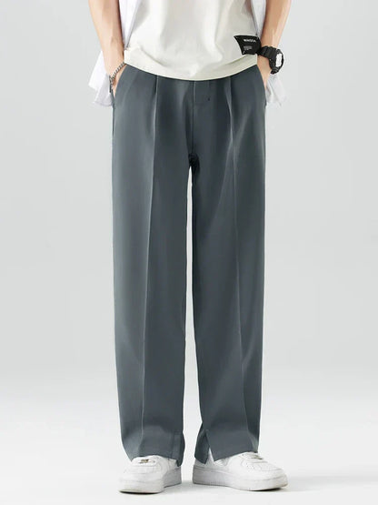 Men's Pleated Wide Leg Pants - Elasticated Waist Straight Cut