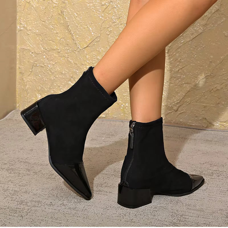 Women's Ankle Boots - Pointed Patent Toe Cap - Block Heel - Back Zip - Stretch Shaft