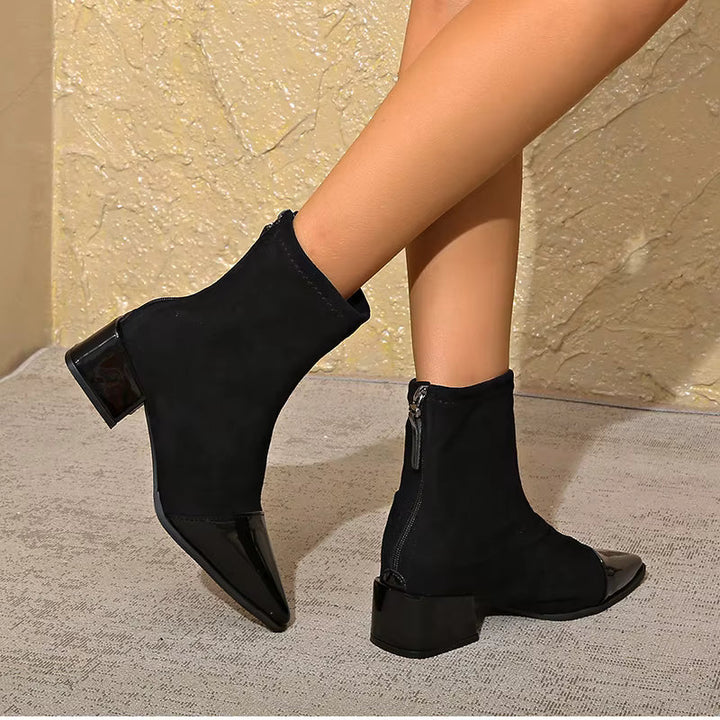Women's Ankle Boots - Pointed Patent Toe Cap - Block Heel - Back Zip - Stretch Shaft