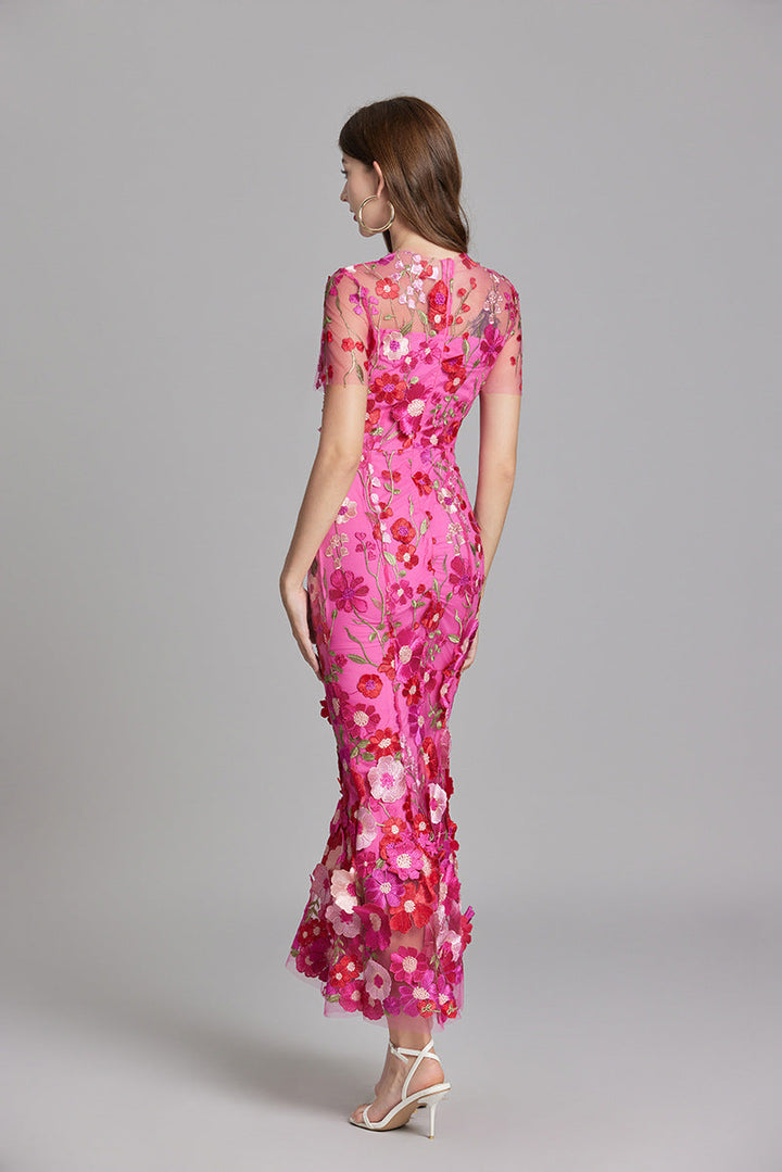 Women's Floral Midi Dress - 3D Applique High Neck Short Sleeve
