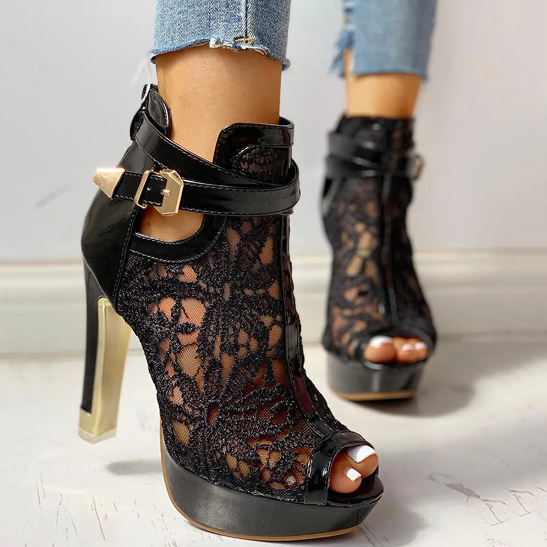 Women’s Lace Mesh Platform Heels with Peep Toe and Ankle Strap Buckle