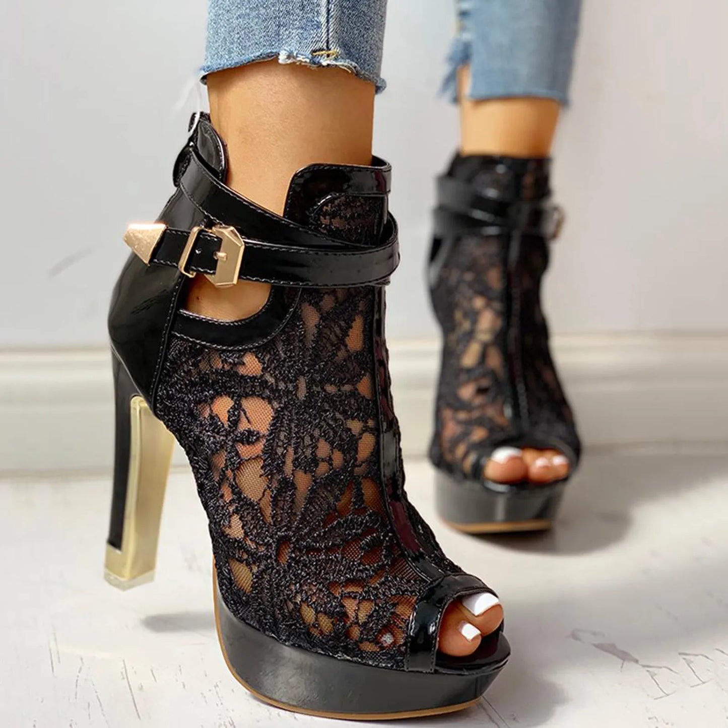 Women’s Lace Mesh Platform Heels with Peep Toe and Ankle Strap Buckle