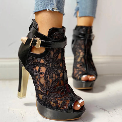 Women’s Lace Mesh Platform Heels with Peep Toe and Ankle Strap Buckle
