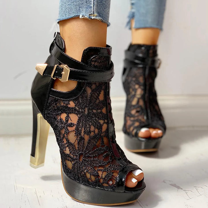 Women’s Lace Mesh Platform Heels with Peep Toe and Ankle Strap Buckle