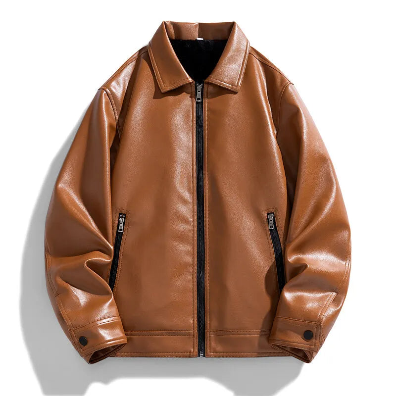 Men’s Faux Leather Collared Zip Jacket – Structured Classic Fit